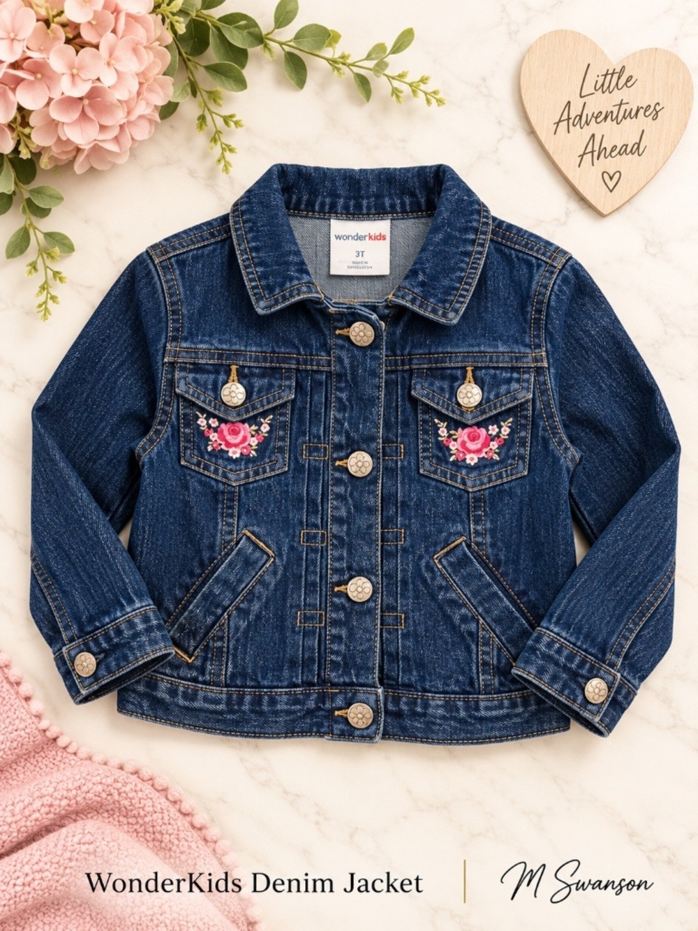 WonderKids Toddler Girls 3T Floral Embroidered Denim Jacket Medium Wash
